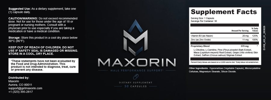 The Maxorin label: suggested use, caution and storage text, the distributor block, the front panel, and the Supplement Facts panel showing niacin, zinc and a 570 mg proprietary blend